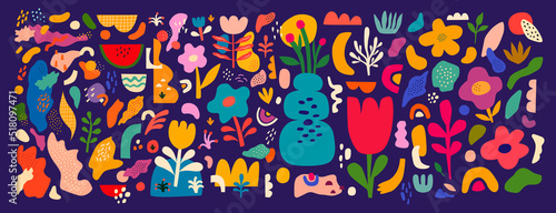 Beautiful flower modern collection with abstract shapes, flowers, leaves, flower compositions