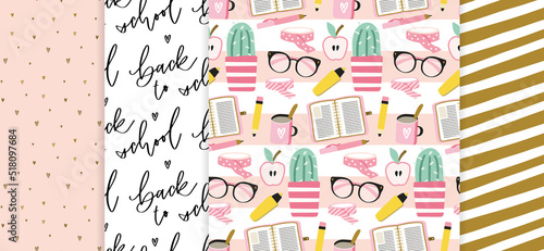 Back to school seamless pattern and background set. Girly pink  white and gold repeat design for notebook cover or stationery print. Cute writing supplies  planner  succulent plant clipart.