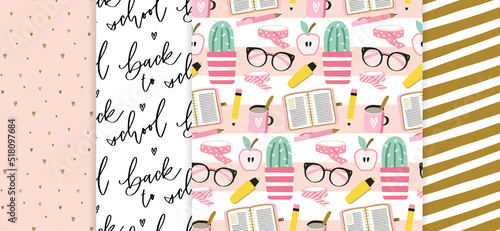 Back to school seamless pattern and background set. Girly pink, white and gold repeat design for notebook cover or stationery print. Cute writing supplies, planner, succulent plant clipart.