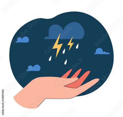 Human hand and cloudy sky with lightning and rain. Thunder as symbol of bad weather or mood flat vector illustration. Weather forecast, climate, depression concept for banner or landing page