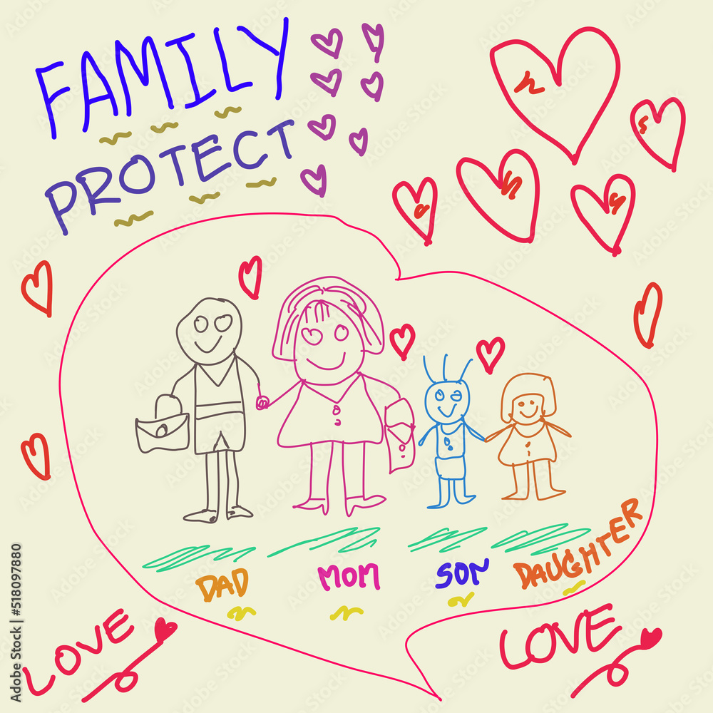 Father,mother,son and daughter hand drawn in cartoon character cover with red heart,sign of warm family Father,mother,son and daughter hand drawn in cartoon character cover with red heart,sign of warm family
