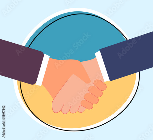 Handshake of cartoon persons in front of Ukrainian flag. Diplomats or politicians from Ukraine making agreement flat vector illustration. Peace, support, diplomacy concept for banner or landing page