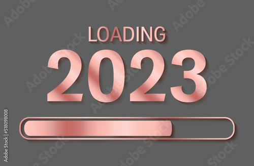 2023 New Year loading progress bar pink gold vector design on gray background. New Year 2023 loading idea. Progress bar rose gold graphic design with shadow, text and number poster, future coming soon