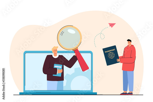 Travel agent in laptop screen and man with global passport. Male character with magnifier organizing trip for guy with international passport flat vector illustration. Traveling, tourism concept