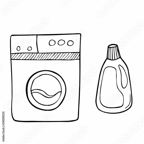 Composition with hand drawn laundry icons. Collection of sketched objects. Home laundry service. Accessories for washing and drying clothes