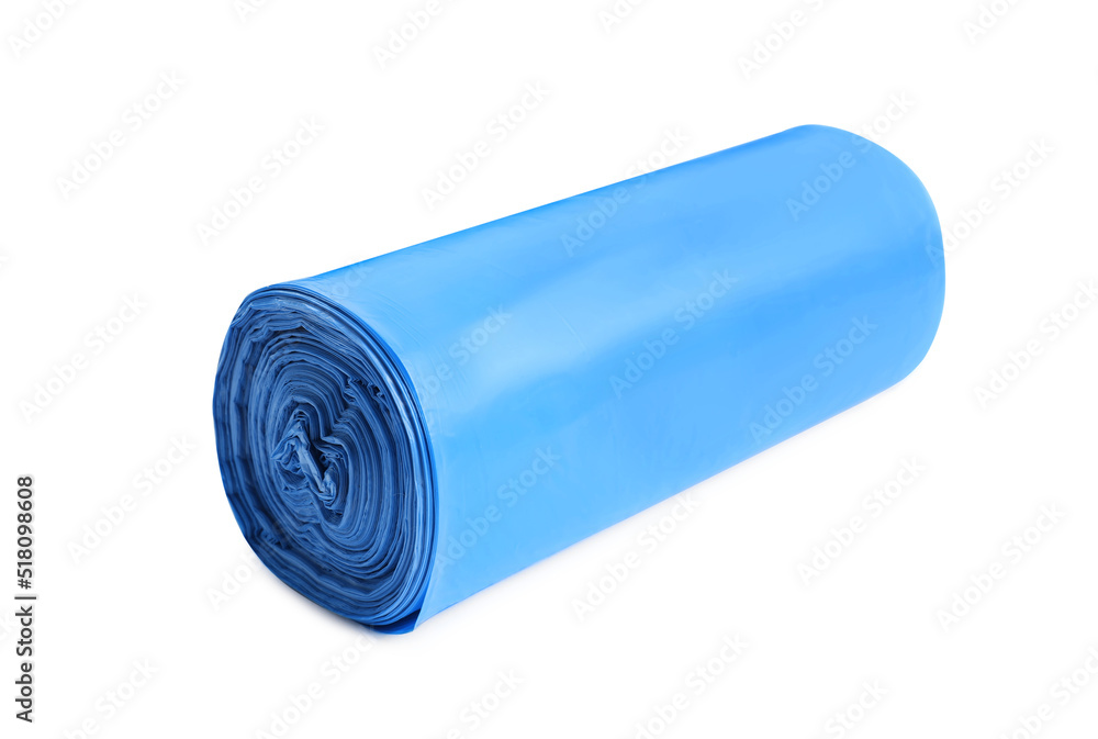 Roll of turquoise garbage bags on white background. Cleaning supplies Roll of turquoise garbage bags on white background. Cleaning supplies