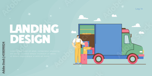 Delivery man unloading boxes from van flat vector illustration. Courier in uniform standing near truck full of packages, cardboard boxes of customer. Local delivery service, transport concept