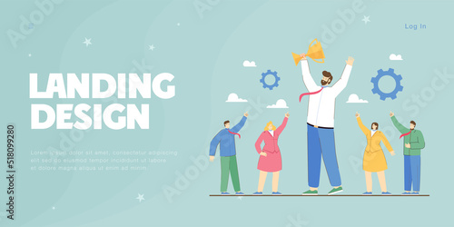 Corporate business team of tiny winners celebrating victory. Male leader holding gold cup for best work, happy people laughing flat vector illustration. Teamwork, achievement, celebration concept