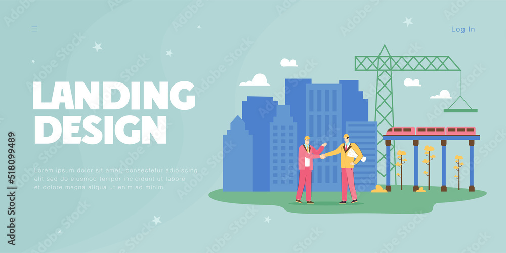 Engineers shaking hands at construction site with railway bridge. Commercial agreement in civil engineering by male business characters flat vector illustration. Industry, partnership, deal concept