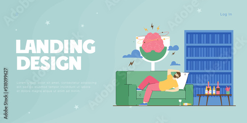 Brain of drunkard waking up with hangover. Man with headache after sleeping, bottles of strong alcohol or liquor flat vector illustration. Alcohol, health concept for banner or landing web page
