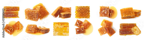 Set with fresh delicious honeycombs on white background. Banner design