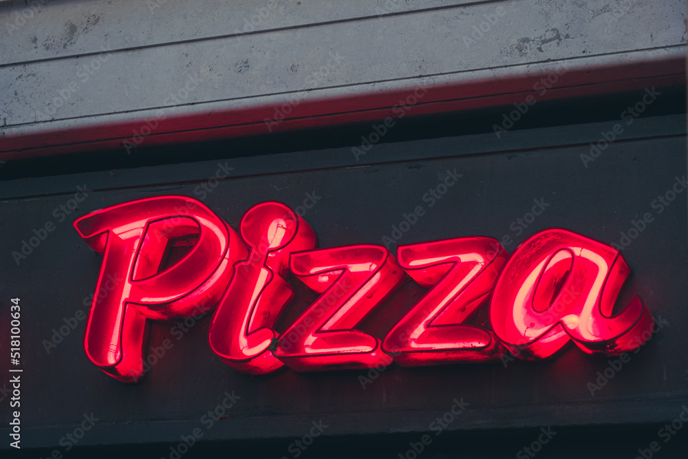 Neon signs vector. Pizza template neon sign, light banner, neon signboard, nightly bright advertising, light inscription. Vector illustration. 