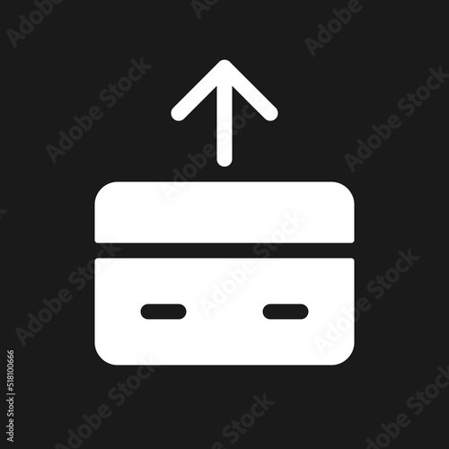 Send money dark mode glyph ui icon. Outgoing payment. Credit card. User interface design. White silhouette symbol on black space. Solid pictogram for web, mobile. Vector isolated illustration