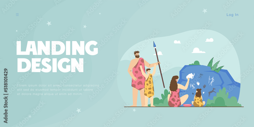 Family of cavemen next to rock with prehistoric drawings. Woman and kid drawing with hands flat vector illustration. History, ancient age concept for banner, website design or landing web page