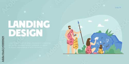 Family of cavemen next to rock with prehistoric drawings. Woman and kid drawing with hands flat vector illustration. History, ancient age concept for banner, website design or landing web page