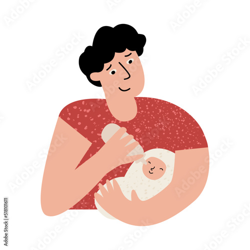 Family man feeds babe with milk.
