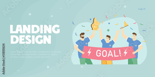 Active fans cheering for favorite soccer team at match. Group of happy people holding banner with word goal flat vector illustration. Celebration, sports concept for website design or landing page