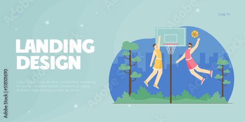 Cartoon men playing basketball in street. Urban scene with basketball players on court or stadium flat vector illustration. Sports, healthy lifestyle concept for banner, website design or landing page