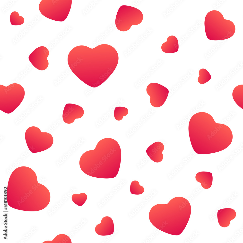 Seamless pattern. Scarlet or red hearts of different sizes on a white background. Vector illustration. Valentine's Day is February 14th. Print for packaging and gift paper. Print on fabric. Holiday.