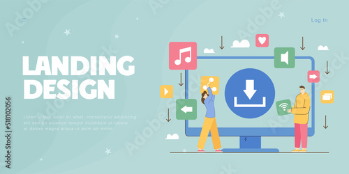 Download button on computer screen and people transferring files. Uploading digital data: videos or films, music, documents flat vector illustration. Multimedia, piracy, Internet concept for banner