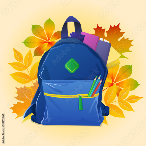 Illustration of a school backpack with leaves on the background