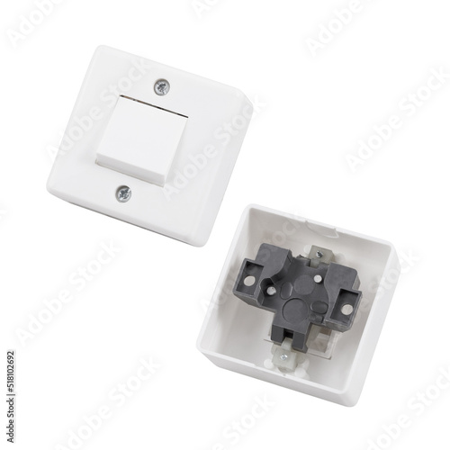 Built-in light switch with 1 key isolated on a white background. Photograph of the switch front and back.