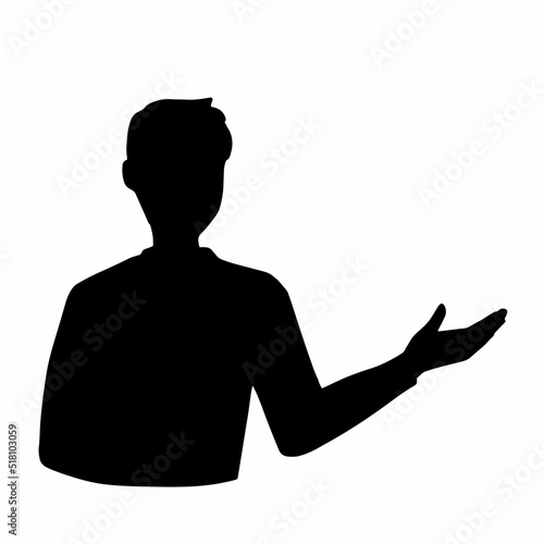 片手を差し出して説明をする男性のシルエットイラスト　黒