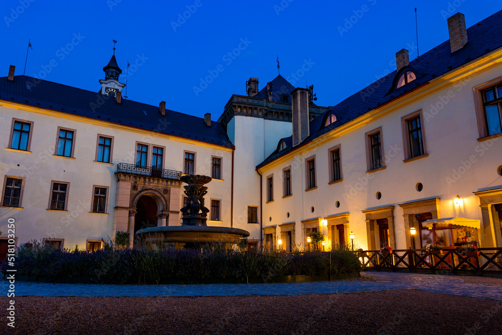 Summer evening in Neo-Renaissance castle Zbiroh, Czechia.