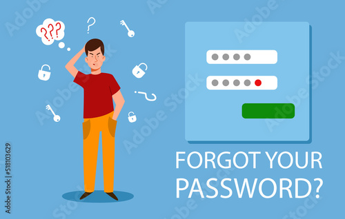 The man forgot her personal data. the concept of a web screensaver with a forgotten password, account protection, danger warning, incorrect password. Vector illustration in a flat style.