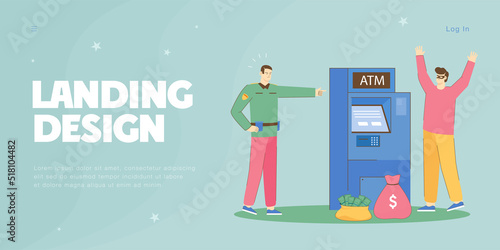 Criminal attack on ATM bank machine by theft stealing cash money. Male police officer protecting bankomat from robbery flat vector illustration. Financial crime, burglary threat, abduction concept