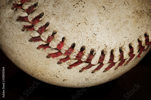 Extreme close up of an old baseball that shows a lot of authentic wear and tear