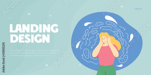Anxiety, despair and stress of woman with chaos in thoughts. Sick girl with headache and tension thinking about problems, standing alone flat vector illustration. Neurosis, mental health concept
