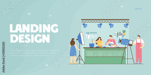 Cameraman shooting cooking TV show flat vector illustration. Popular chef and woman preparing food in studio, mixing ingredients, talking, explaining audience how to cook. Television concept