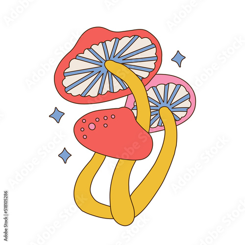 Psilocybin hallucinogenic magic mushrooms bunch. Hand drawn design element for tee print. Engraving colorful style. Vector retro 70s groovy illustration