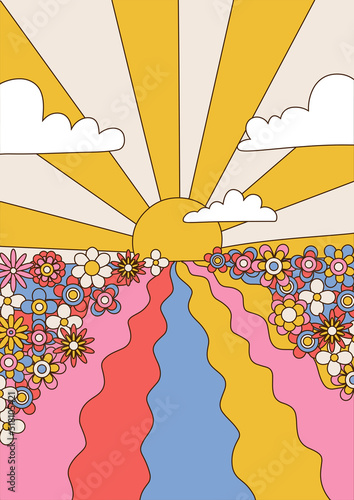 Psychedelic Art Landscape with sunset, sky and flower field, 1960s Hippie Illustrations with Clouds, Waves and Sun Rays. Vector hand drawn background.