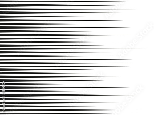 Speed line background. Comic motion pattern. Graphic effect of blur. Abstract horizontal action. Texture for cartoon book. Black stripes on white background. Vector