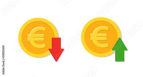 Cost of euro with arrow down and up. Coin of euro with loss or growth. Increase and low of revenue. Economy crisis or economy growth. Icon of exchange of currency. Vector