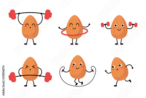 Almond cartoon character exercising vector illustrations set. Collection of doodles of cute comic nut doing workout at gym isolated on white background. Sports, healthy lifestyle concept