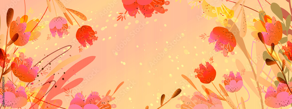 Fototapeta premium Frame with flowers and branches on a pink-orange background with space for text in the center. Modern invitation card in a naive style. Use of vector illustration as banners, invitations, sales