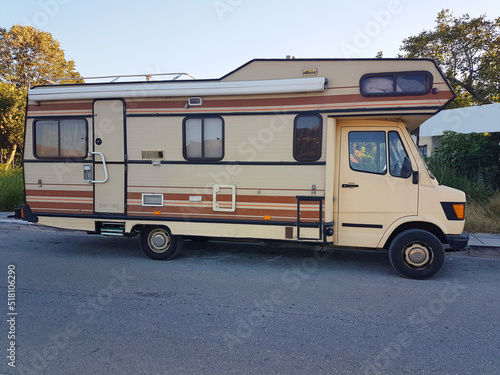 caravan car retro on the road in summer