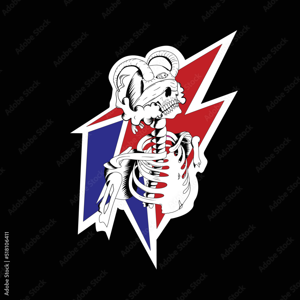 Obraz premium Human Head Skull with Long Horn and Demon Eye Illustration Tattoo Template.Designs Concept for T-shirts, Tattoos, Stickers, Gaming Logos or Posters.