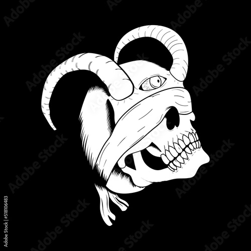 Human Head Skull with Long Horn and Demon Eye Illustration Tattoo Template.Designs Concept for T-shirts, Tattoos, Stickers, Gaming Logos or Posters.