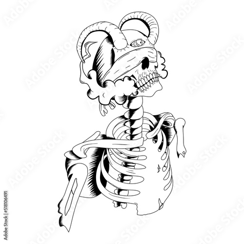Human Head Skull with Long Horn and Demon Eye Illustration Tattoo Template.Designs Concept for T-shirts, Tattoos, Stickers, Gaming Logos or Posters.