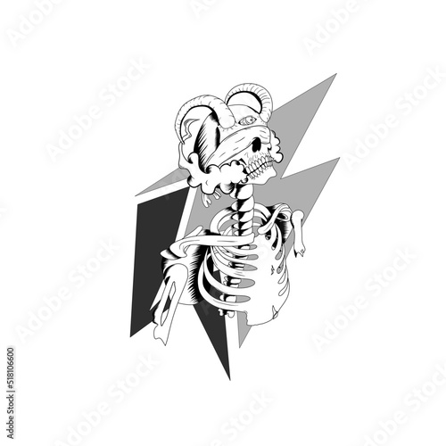 Human Head Skull with Long Horn and Demon Eye Illustration Tattoo Template.Designs Concept for T-shirts, Tattoos, Stickers, Gaming Logos or Posters.