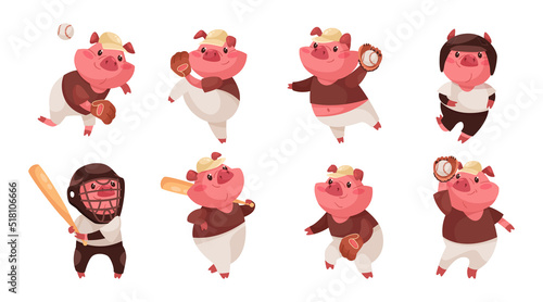 Pig cartoon character playing baseball vector illustrations set. Cute comic pink animal cartoon character in uniform with bat, glove, catching or throwing ball. Sports, baseball concept