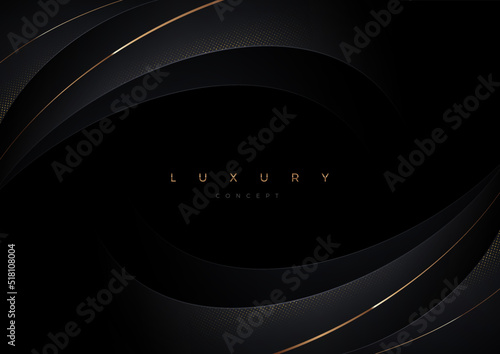 Black background with layered 3d abstract curve shape. Minimal luxury template design with gold. Vector illustration,