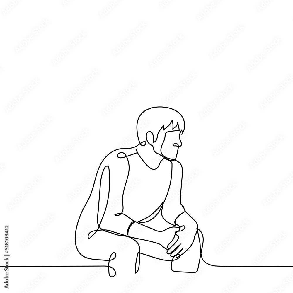 man sits leaning his elbows on his hips and looks into the distance - one line drawing vector. concept expectation, observation, contemplation, reflection man sits leaning his elbows on his hips and looks into the distance - one line drawing vector. concept expectation, observation, contemplation, reflection