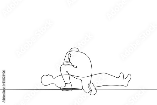 man bent over a lying person - one line drawing vector. concept rescuer checks person in a faint, passer-by bent over a fallen or asleep person, kneel before the dead