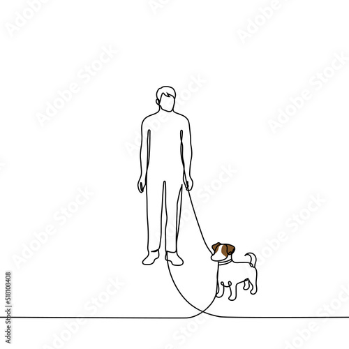 man walking dog breed jacks russell terrier - one line drawing vector. concept dog walker walking pet, dog sitter on dog walk