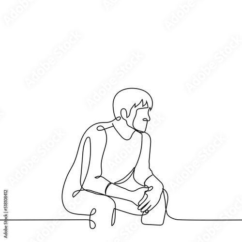 man sits leaning his elbows on his hips and looks into the distance - one line drawing vector. concept expectation, observation, contemplation, reflection